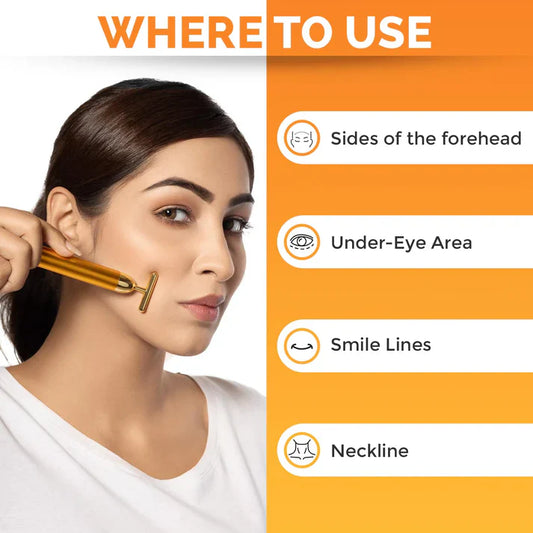 House of Beauty 24K Face Massager Kit| Gold Platted Electric For Face Skin Care T shaped Anti-aging Face Massager | 3 piece (Face tool + Face oil + Cleaning Spray